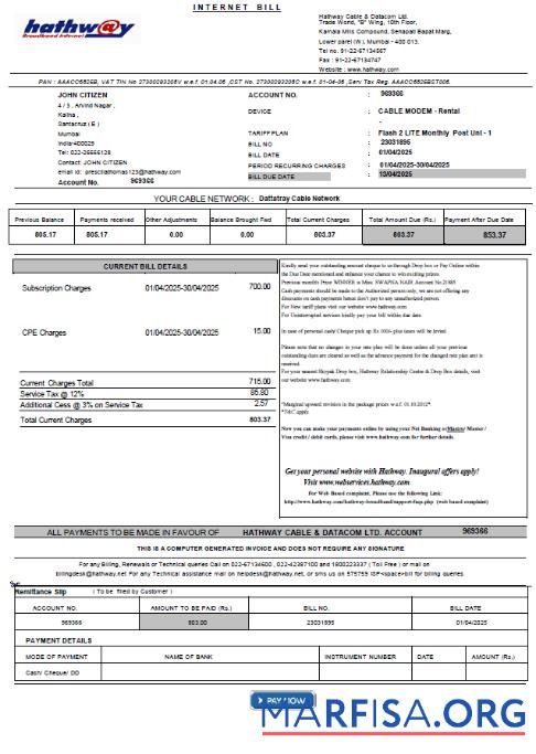 Blank India Hathway Cable & Datacom utility bill template in Word and PDF formats